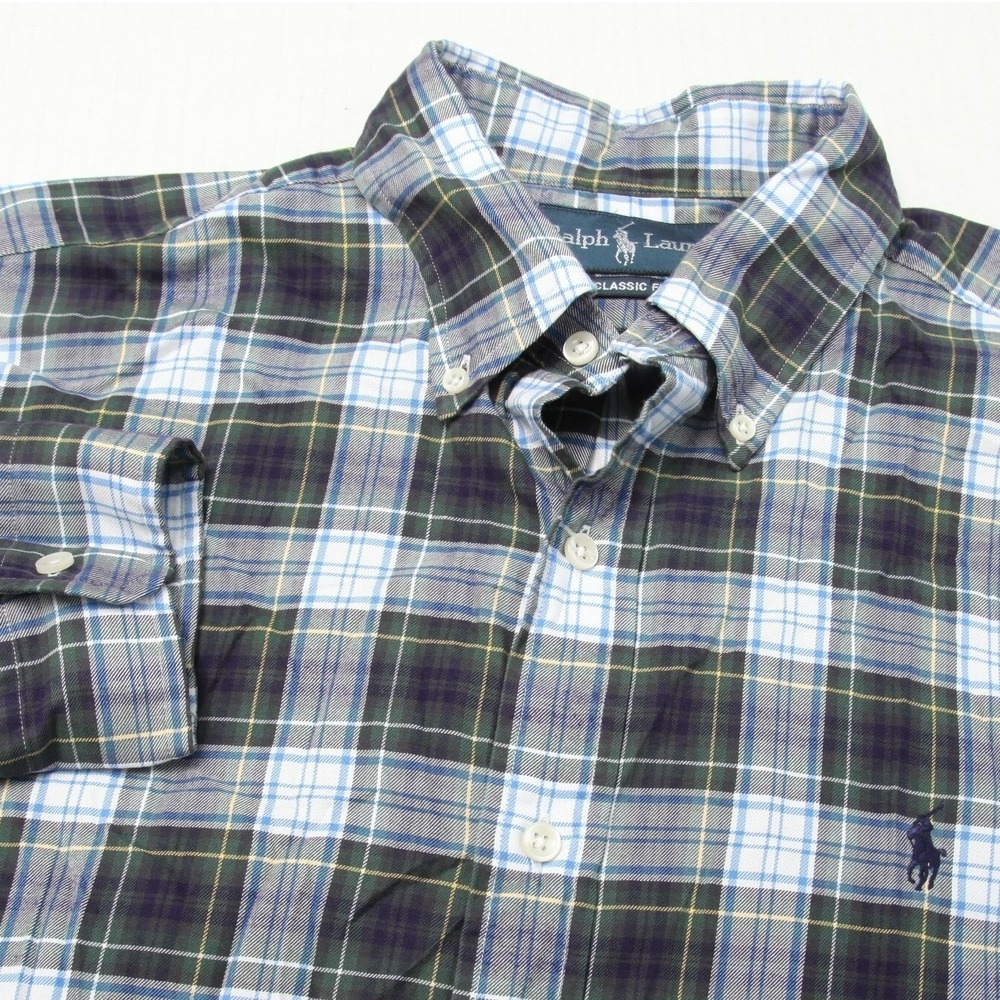Ralph Lauren Button Down Shirt Mens Large Green Blue Plaid Classic Fit Cotton